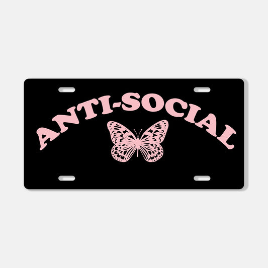 Front License Plate For Women | Anti-Social Butterfly | Pink & Black License Plate | Car Accessories For Women